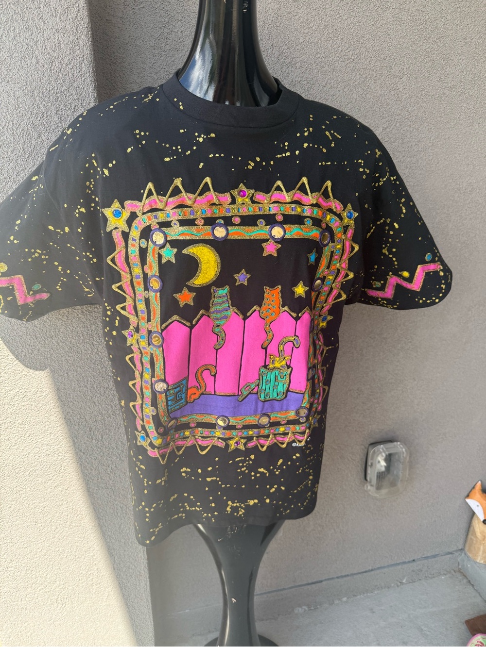 Vintage 1991 KWBL Los Angeles Hand Painted Art Tee Cats Moon Stars Glitter OSFA